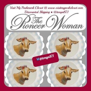🦋 New Pioneer Woman Novelty Cow Appetizers 7"d Blue Gingham Plates, Set of 4